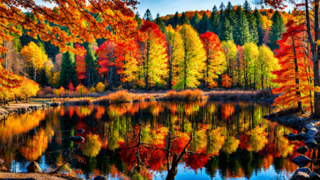 Colorful autumn forest reflected in the lake. Colorful autumn landscape.の素材