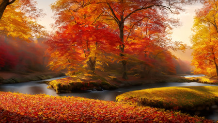 Autumn landscape with colorful forest and river. Digital art painting.の素材
