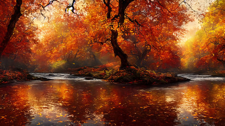 Autumn landscape with autumn trees and river. 3d illustration.の素材