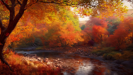 Autumn landscape with mountain river and colorful forest. 3d renderingの素材