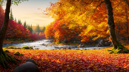 Autumn landscape with colorful forest and mountain river. Colorful autumn landscape.の素材