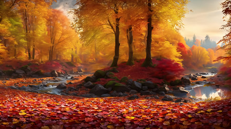 Autumn landscape with river and colorful forest. 3d render.の素材