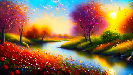Autumn landscape with river and trees at sunset. Vector illustration.の素材