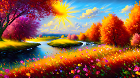 Autumn landscape with colorful flowers and sun. Digital painting illustration.の素材