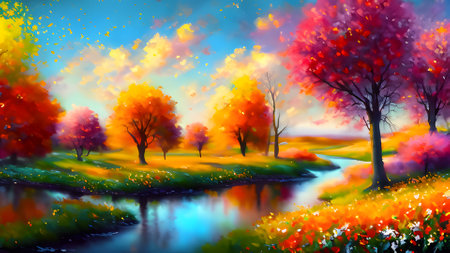 Autumn landscape with colorful daffodils. Digital painting.の素材