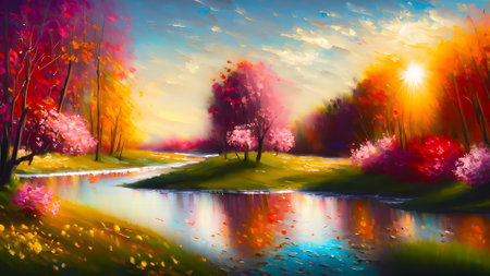 Beautiful landscape with river, trees and sunset. Digital painting.の素材