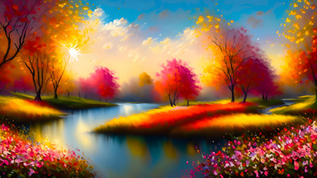 Autumn landscape background with river, trees and sunset. Vector illustration.の素材