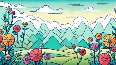 Landscape with flowers and mountains. Hand drawn vector illustration in sketch style.の素材