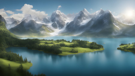 Beautiful landscape with mountains and lake. 3d render illustration.の素材