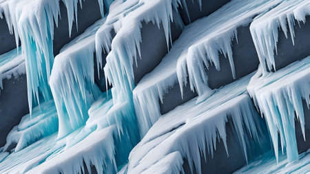 Close-up view of icicles hanging from the rock in winterの素材