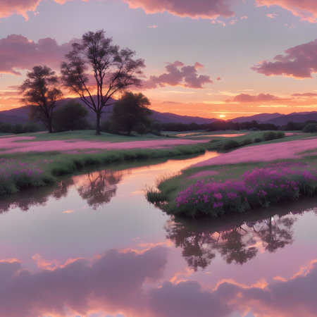 Lavender field with trees and sunset sky. 3d renderの素材