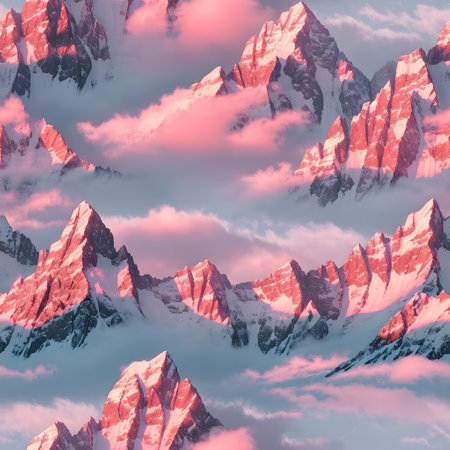 Mountain landscape with snow and pink clouds. 3D illustration.の素材