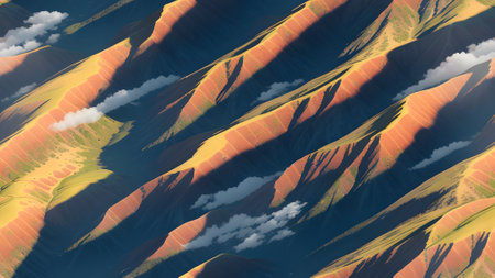 3d illustration of a beautiful landscape with mountains and clouds in the skyの素材