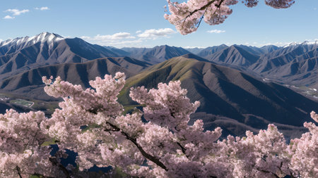cherry blossom in the mountains with blue sky and clouds backgroundの素材
