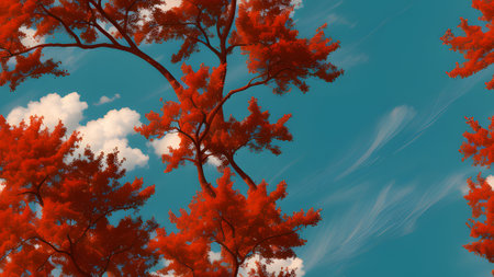 3D illustration of a red tree against a blue sky with cloudsの素材