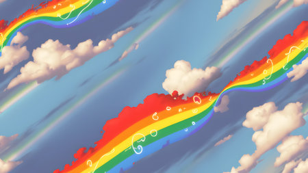 Rainbow in the blue sky with clouds. 3D illustration.の素材