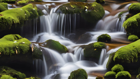 Waterfall in the forest with green moss, long exposure shot.の素材