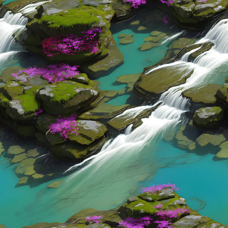 Rhododendron flowers and waterfalls, 3d renderの素材