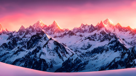 Panorama of Himalaya mountains at sunset, Nepal, Asia.の素材