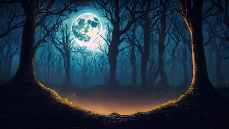 Halloween background with spooky forest and full moon. 3d renderingの素材