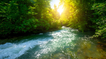 beautiful landscape of the river in the forest on a sunny dayの素材