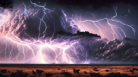 Lightning strikes in the sky. 3D illustration. Fantasy landscape.の素材