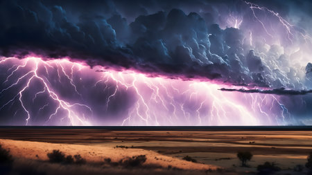 Thunderstorm and lightning over the desert. 3d rendering. Computer digital drawing.の素材