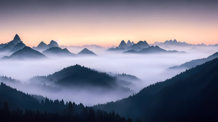 Foggy mountains panorama at sunrise. Misty and foggy mountain landscapeの素材