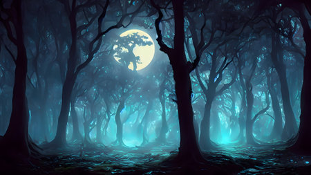 Halloween background with full moon in spooky forest. 3D renderingの素材