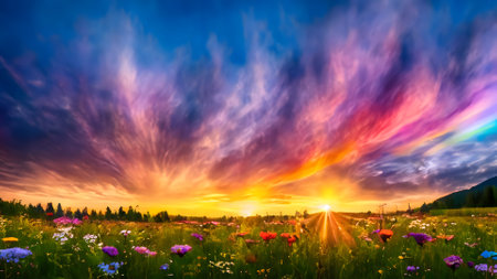 Sunset over the meadow with colorful flowers and clouds in the skyの素材