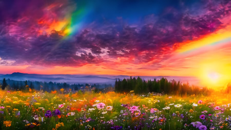 Colorful meadow with wildflowers and rainbow in the skyの素材