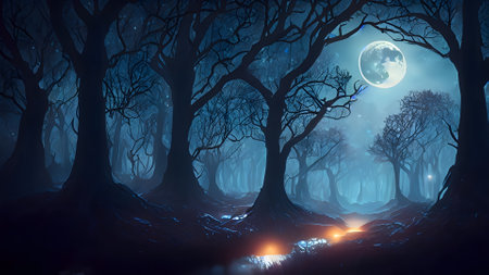 Mysterious dark forest at night with full moon. Halloween backgroundの素材