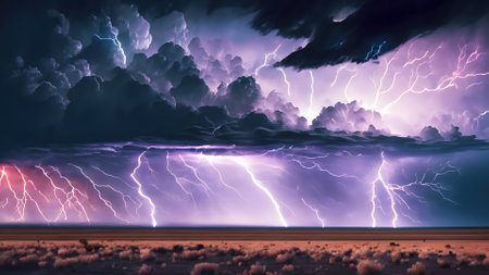 Stormy sky with lightning in the night. 3D illustration.の素材