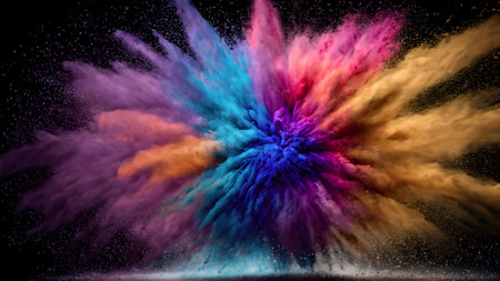 Explosion of colored powder, isolated on black background. Abstract backgroundの素材