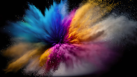 Colorful explosion of powder on black background. Abstract colored cloud.の素材