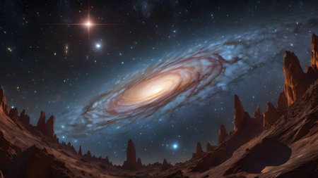 Fantasy alien planet. Mountain and nebula. 3D illustrationの素材