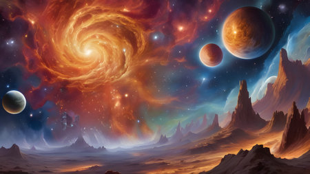 Fantasy alien planet. Mountain and nebula. 3D illustrationの素材
