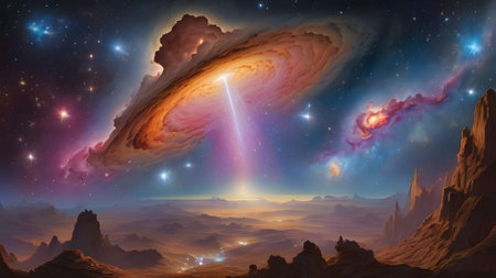 Fantasy alien planet. Mountain and nebula. 3D illustrationの素材