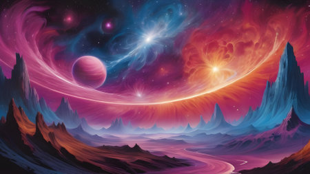 Fantasy alien planet in outer space. Colorful fantasy landscape. 3D illustrationの素材