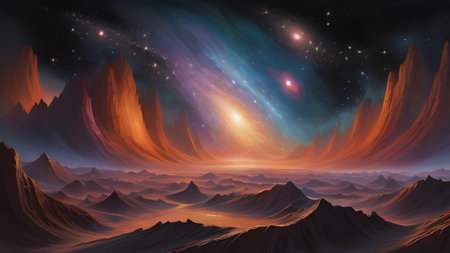 Fantasy alien planet. Mountain and nebula. 3D illustrationの素材