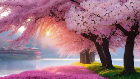 Cherry blossoms in full bloom in the spring, Japan.の素材