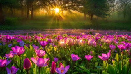 Tulip field in the morning with sunlight and fog. Beautiful nature background.の素材