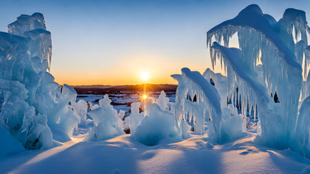 View of Lake Baikal in winter, Olkhon Island, Siberia, Russiaの素材