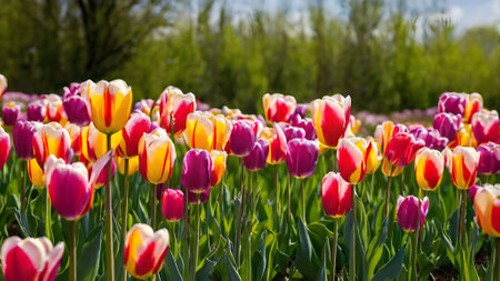 Colorful tulip flowers blooming in the field in springtimeの素材