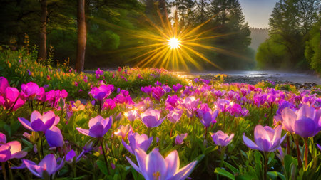 Crocuses blooming on the shore of the lake at sunriseの素材