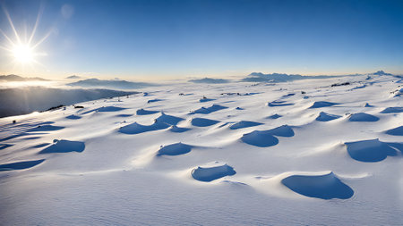 Beautiful winter landscape with snow dunes and sun in the mountainsの素材