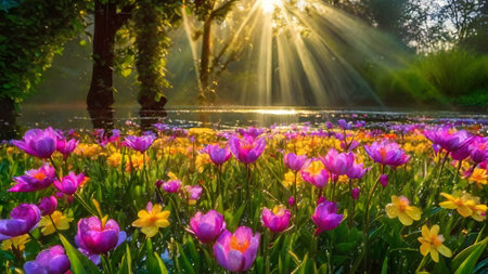 Colorful tulip flowers blooming in the garden with sun light.の素材