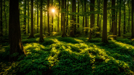 Sunlight in the green forest. Beautiful nature scene with sunbeamsの素材