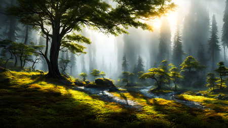 Fantasy landscape with foggy forest and mountain river. 3D renderingの素材