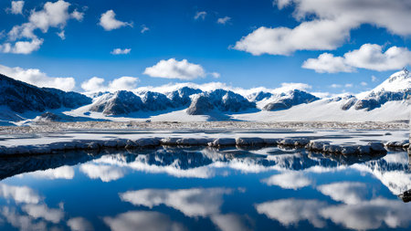 Beautiful landscape of snowy mountains reflected in the lake under blue skyの素材